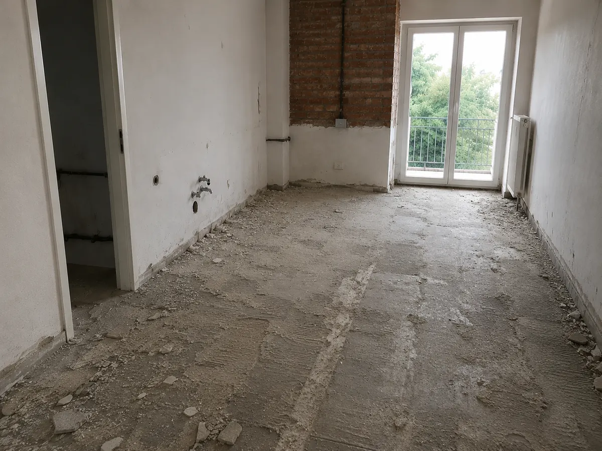 Entkernter Wohnraum nach Bodenrückbau und vorbereitenden Abrissarbeiten