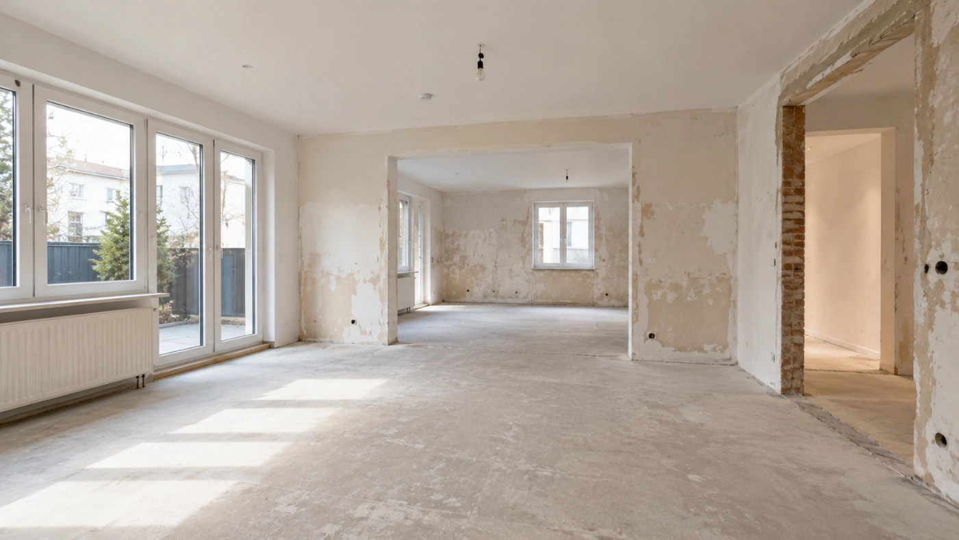 Abriss und Entrümpelung – entkernter Innenraum als Vorbereitung für Renovierungs- und Sanierungsarbeiten.
