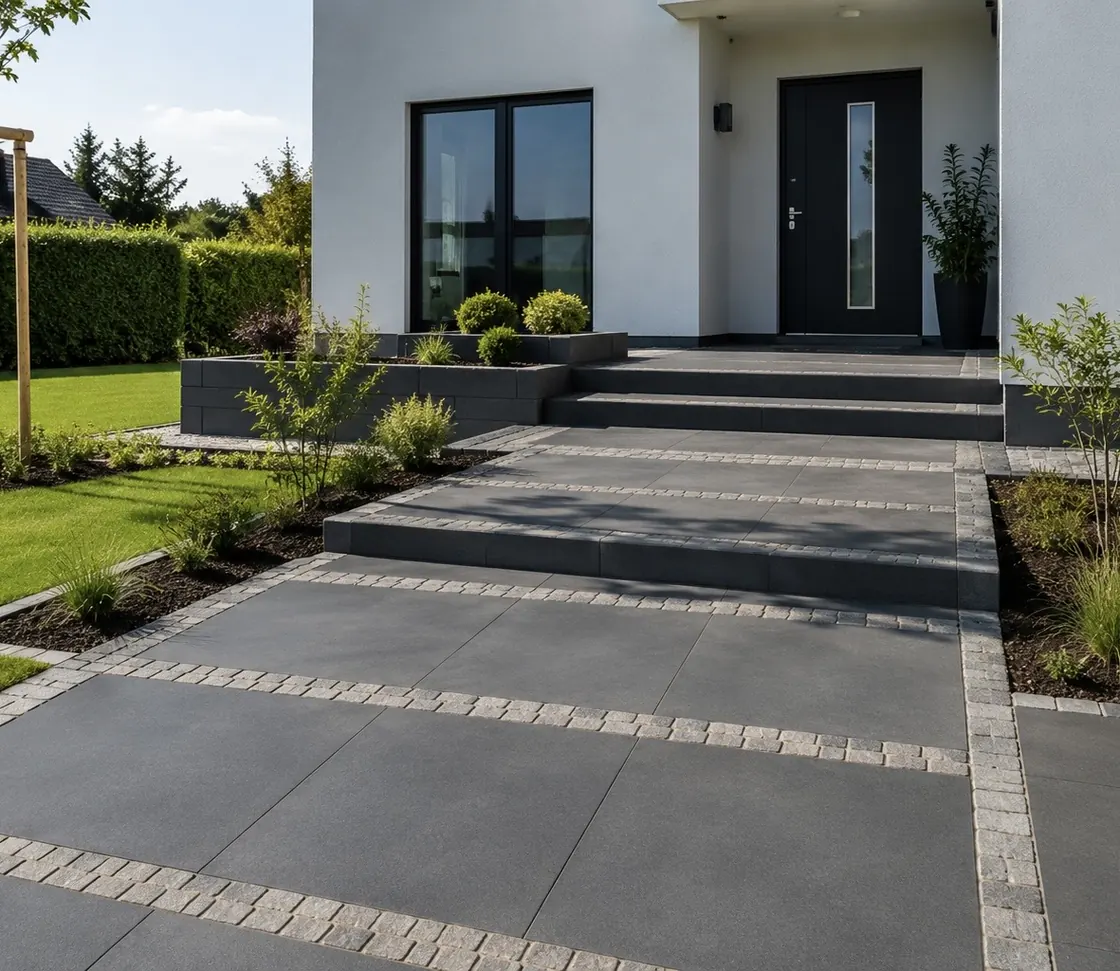 Moderner Eingangsbereich mit Pflasterstufen, Gartenflächen und gepflegter Außenanlage