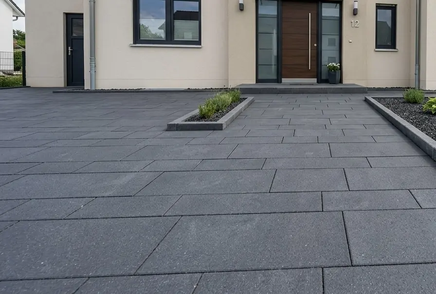 Gepflasterte Einfahrt mit modernen Platten und gepflegtem Hauseingang