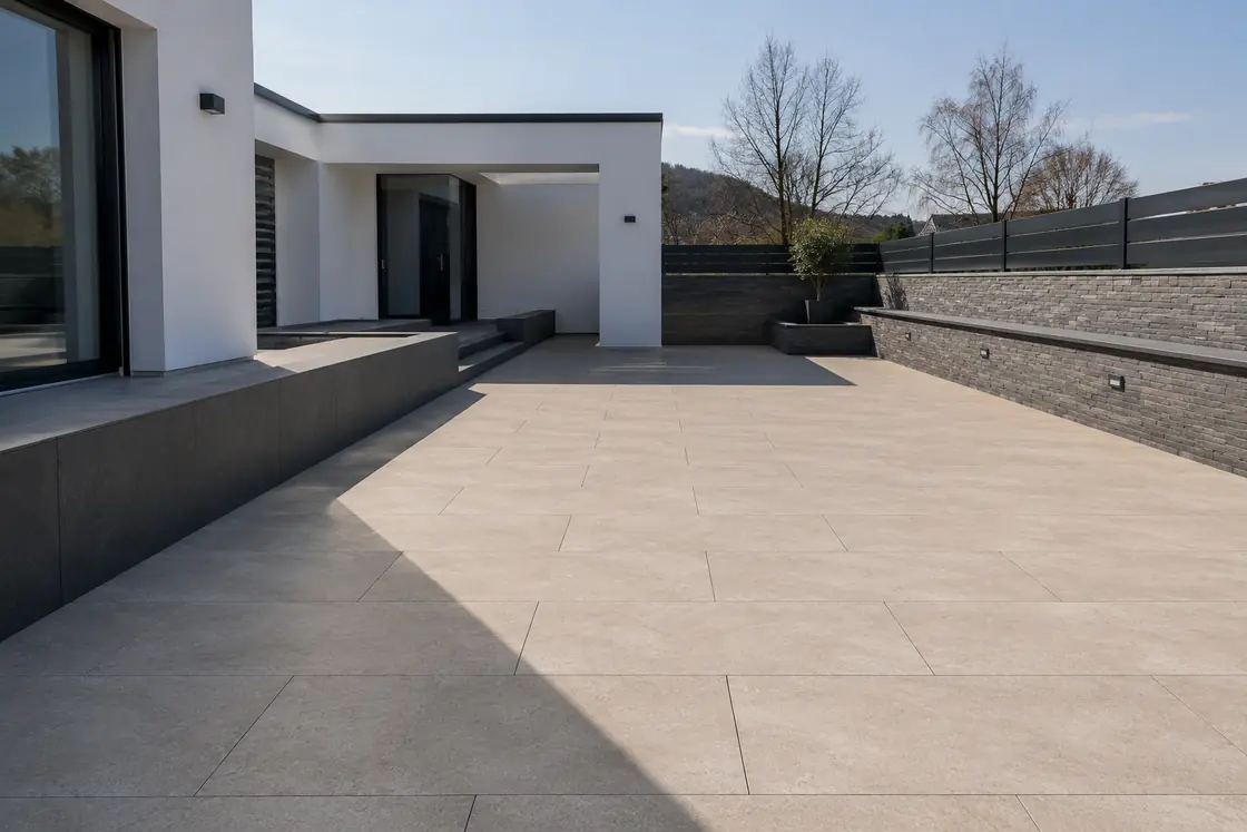 Moderne Terrasse mit großformatigen Platten und gepflegter Außenanlage am Haus
