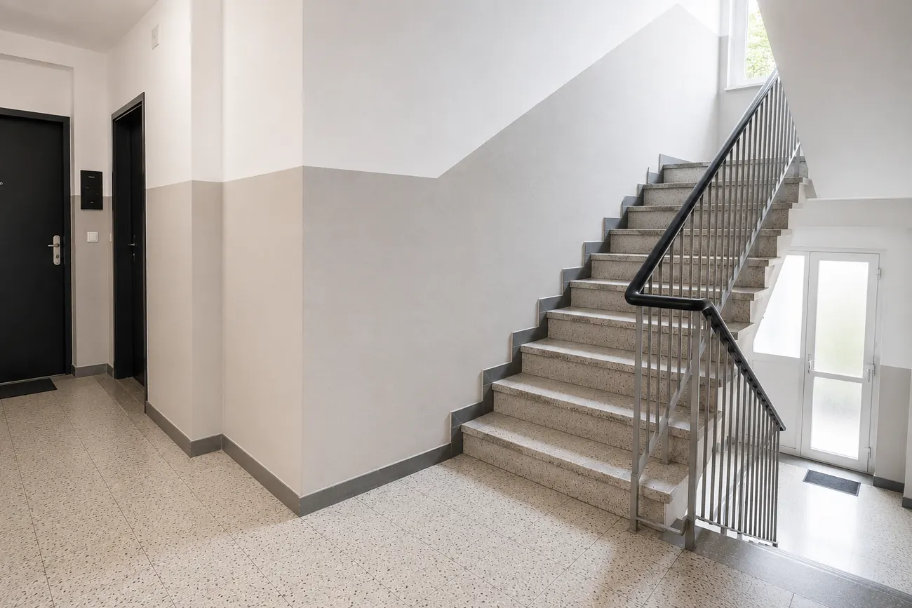 Treppenhaus nach der Aufwertung mit frisch gestrichenen Wandflächen und gepflegtem Eingangsbereich