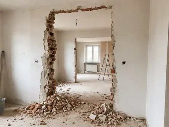 Mauerabriss einer nicht tragenden Innenwand mit freigelegtem Mauerwerk und Bauschutt
