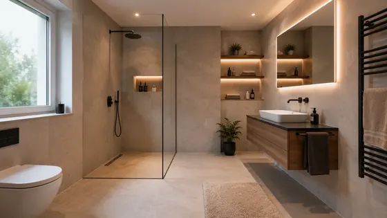 Modernes Badezimmer mit bodengleicher Dusche, hellen Fliesen und hochwertiger Ausstattung
