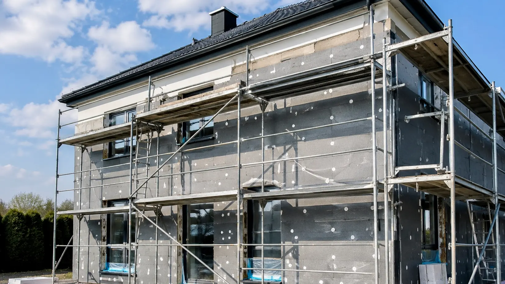 Fassaden und Außenanlagen – Wohnhaus mit Gerüst und Dämmplatten während der Fassadensanierung