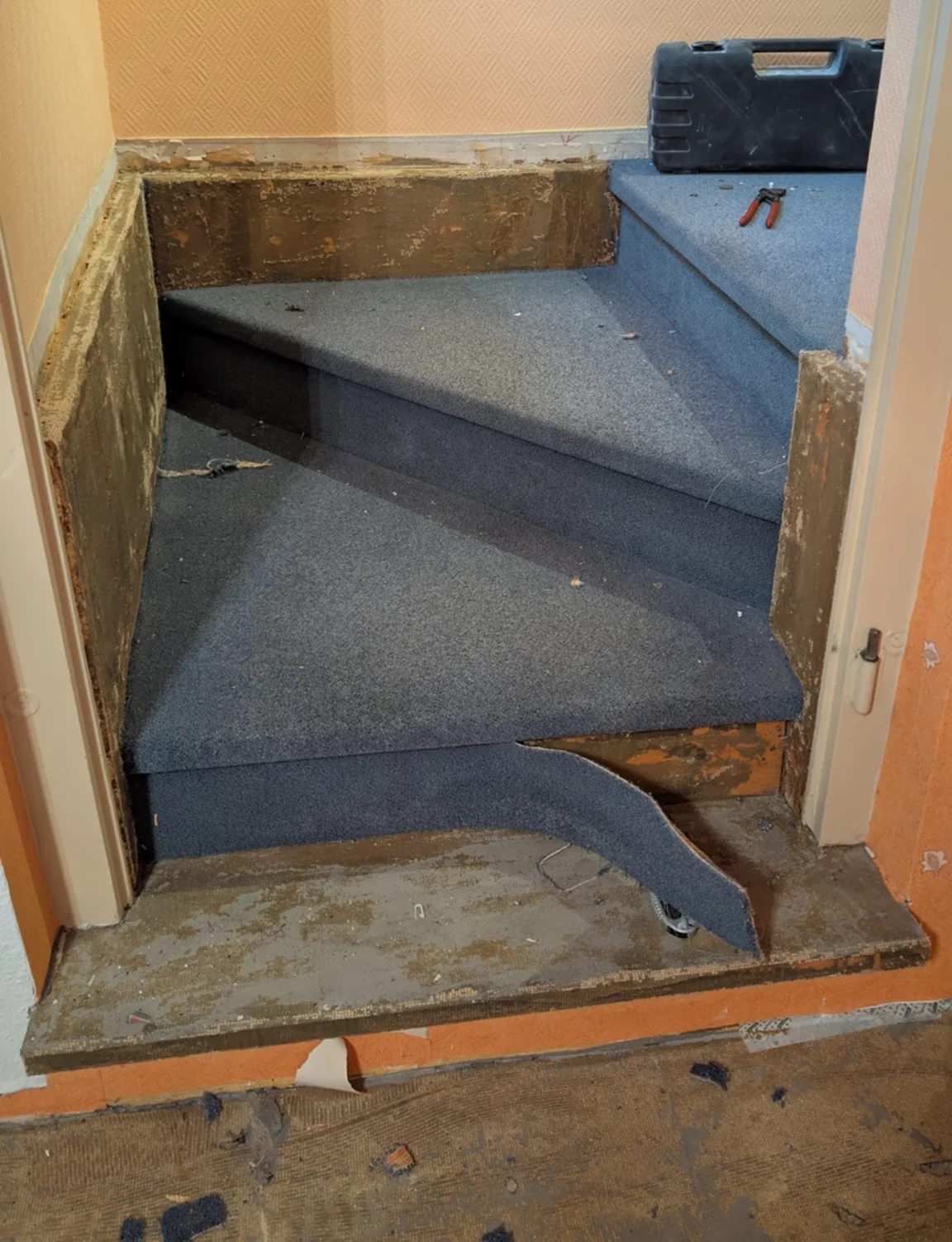 Treppenstufen vor den Rückbau- und Bodenarbeiten mit altem Teppichbelag